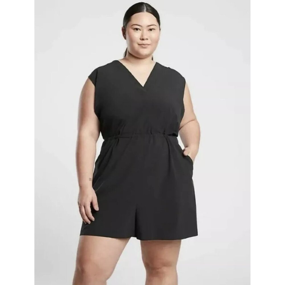 Athleta Marlow Romper Black 1X Sleeveless V-Neck Pockets NEW